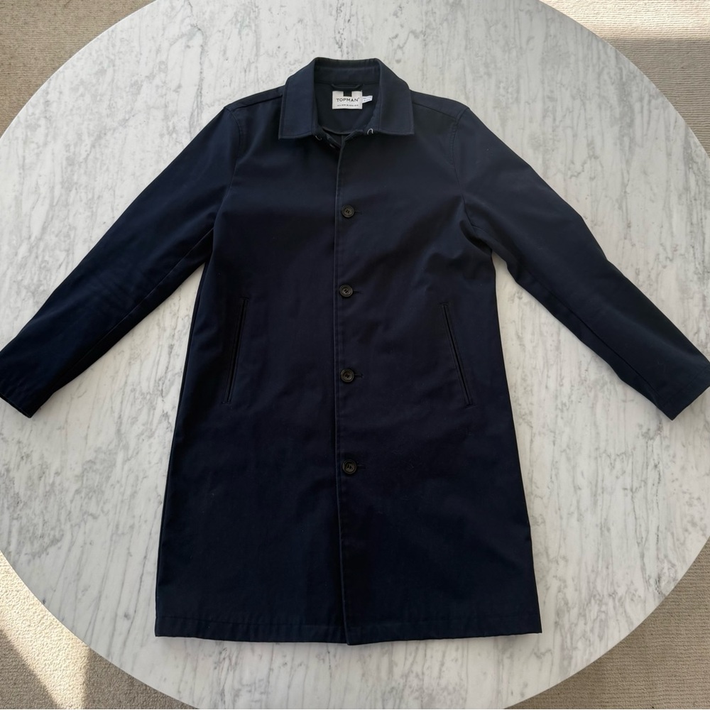 Topman Men’s Navy Blue Button Front Overcoat Jacket – Size Medium